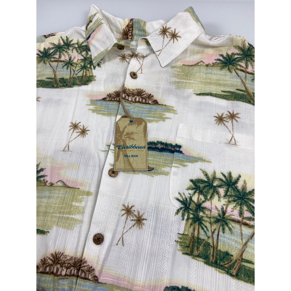 Caribbean Mens 3XT White Tropical Island Rayon Button Up Shirt New Hawaiian